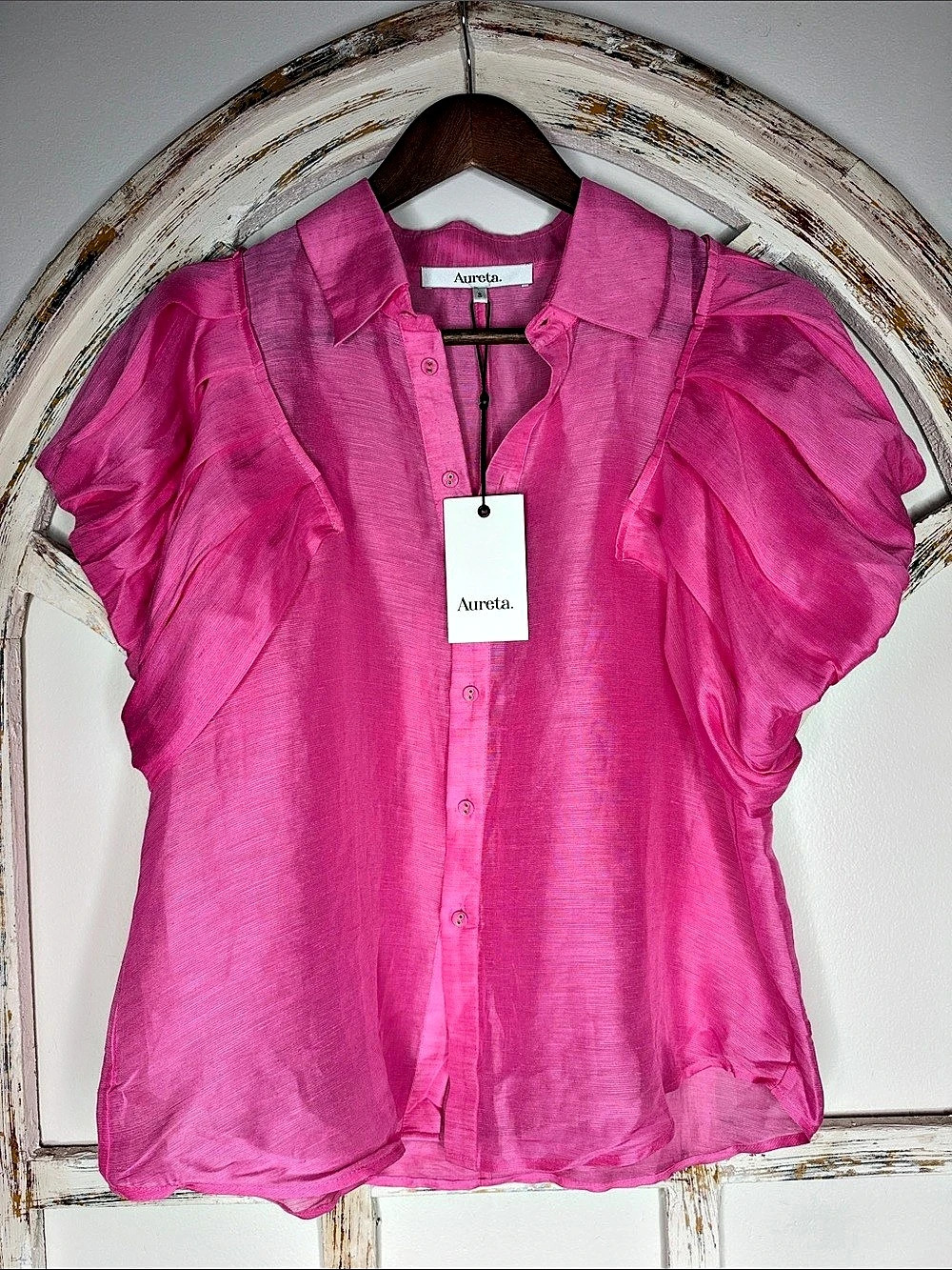 Aureta Sheer Ruffle Sleeve Blouse in Pink Size Small NWT